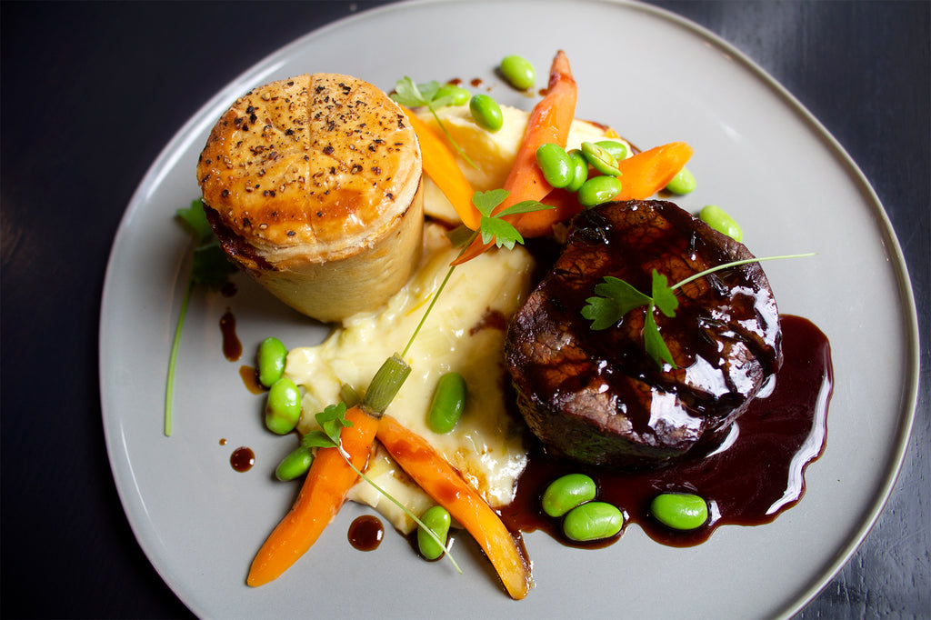 Char-grilled beef eye fillet with beef cheek pie